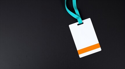 Blank badge mockup with orange stripe on gray background. Empty label, name tag hanging on neck.