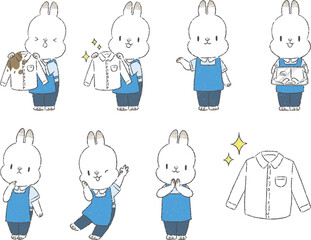 洗濯をするクリーニング屋の店員のうさぎのキャラクターの手書きイラストセット