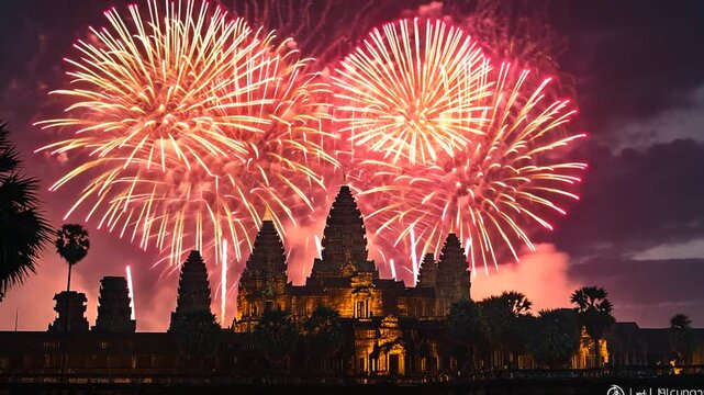 Spectacular Fireworks Display at Angkor Wat Temple, Cambodia Celebration
