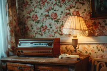 A classic wooden desk with an old-fashioned radio and vintage lamp in a retro interior  
