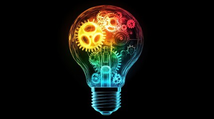 Illustrate a light bulb with colorful, rotating gears and glowing circuits, symbolizing the perfect balance of creative thought and engineering precision