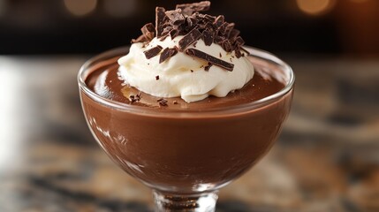 A velvety chocolate mousse, its surface smooth and glossy like a polished gem, nestled in a small glass cup. Its deep, dark chocolate color contrasted beautifully with a dollop of whipped cream,