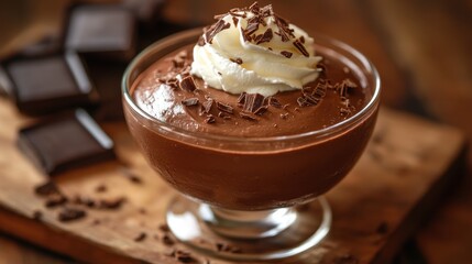 A velvety chocolate mousse, its surface smooth and glossy like a polished gem, nestled in a small glass cup. Its deep, dark chocolate color contrasted beautifully with a dollop of whipped cream,
