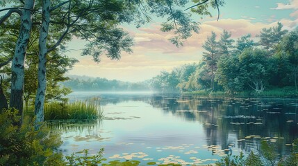 A realistic painting of a peaceful lakeside with reflections of trees in the water, set on a solid background.