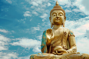 Obraz premium Ancient statue great Buddha on bright holiday composition, abstract vivid composition consists of fictional unreal fantastic vision on background