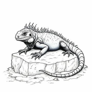 black and white iguana on rock clip art preview