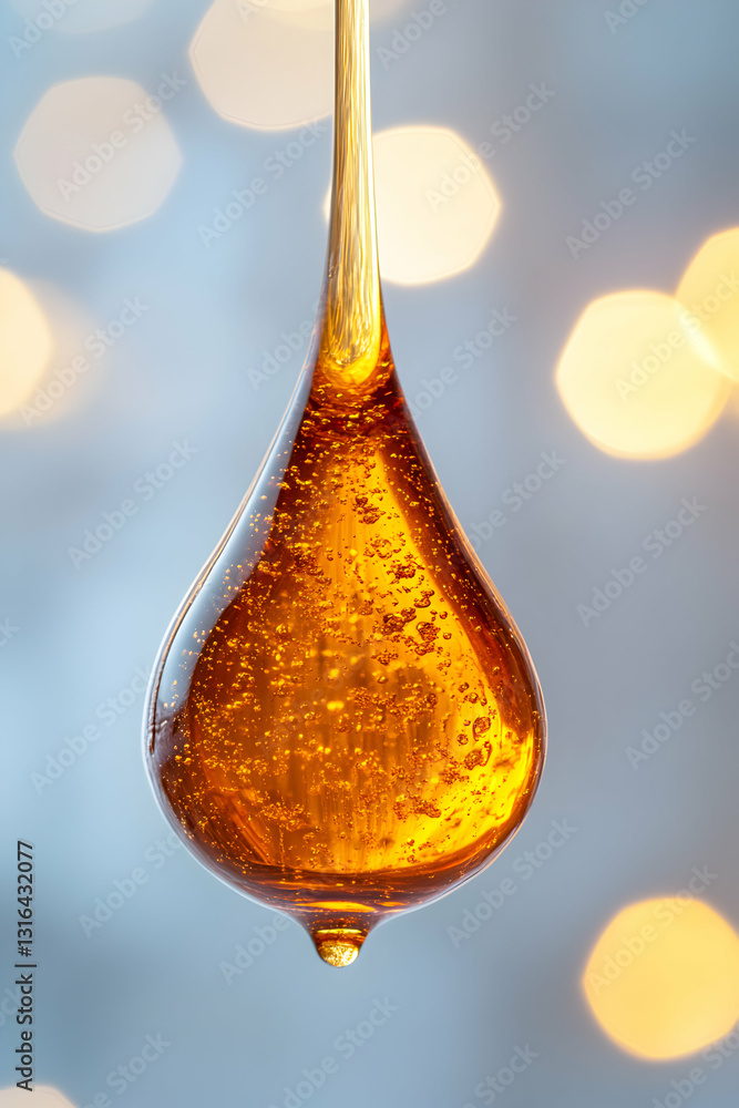 Poster captivating close-up of a maple syrup droplet with bubbles suspended against a bokeh background