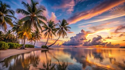Serene Tropical Sunset Over Calm Waters with Palm Trees in Silhouette