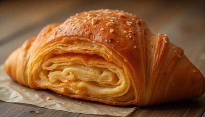 Fototapeta premium Golden brown flaky pastry croissant with sesame seeds on top perfect for breakfast and bakery themes