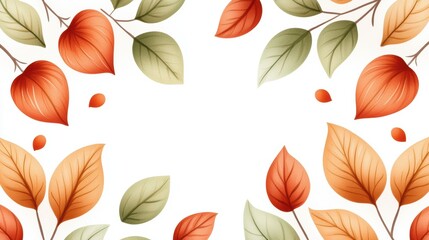 Obraz premium A vibrant collection of autumn leaves in shades of orange, green, and red, arranged in a decorative border against a blank background.