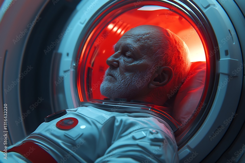 Poster a serene scene of an elderly astronaut resting in a futuristic pod, illuminated by a soft red glow, 