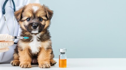 A cute puppy receives a vaccination at a veterinarian's office, showcasing the importance of pet healthcare and vaccination.