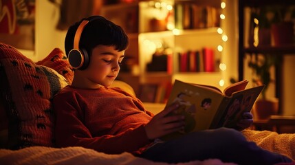 Cozy Evening Reading: Boy Enjoys Storytime with Headphones On