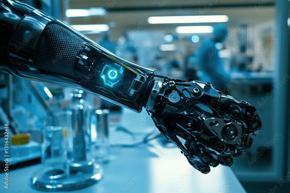 Poster robotic arm demonstrating advanced technology in a modern laboratory setting