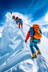 A group of people climbing up a snowy mountain side