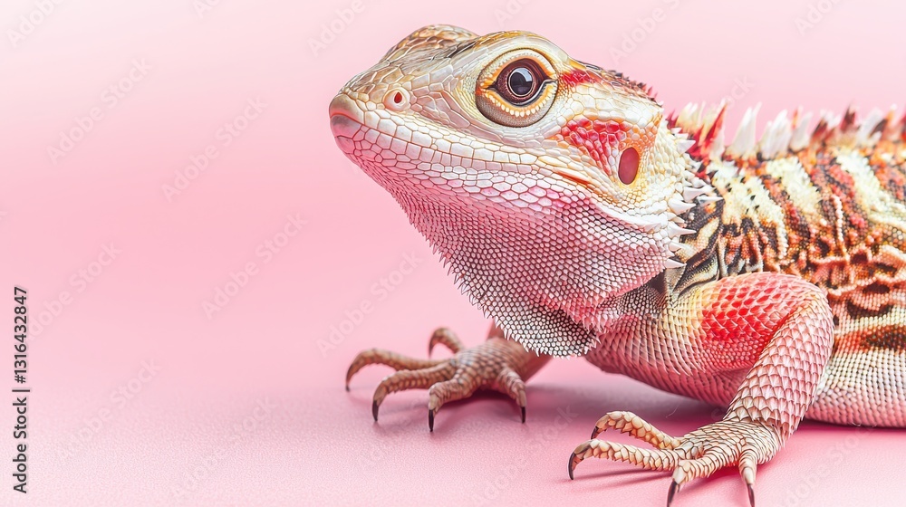 Poster a close-up of a colorful lizard against a soft pink background, showcasing its intricate textures an