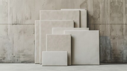 A set of blank canvases of various sizes, stacked neatly on a solid background.