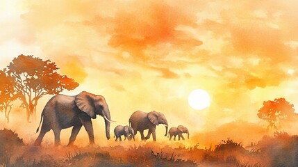 Watercolor painting of a family of elephants walking across the savanna at sunset 50