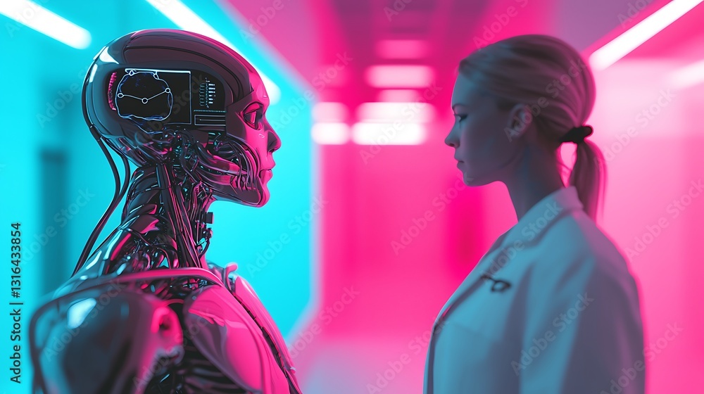 Poster a futuristic robot interacts with a scientist in a neon-lit corridor, exploring the intersection of 