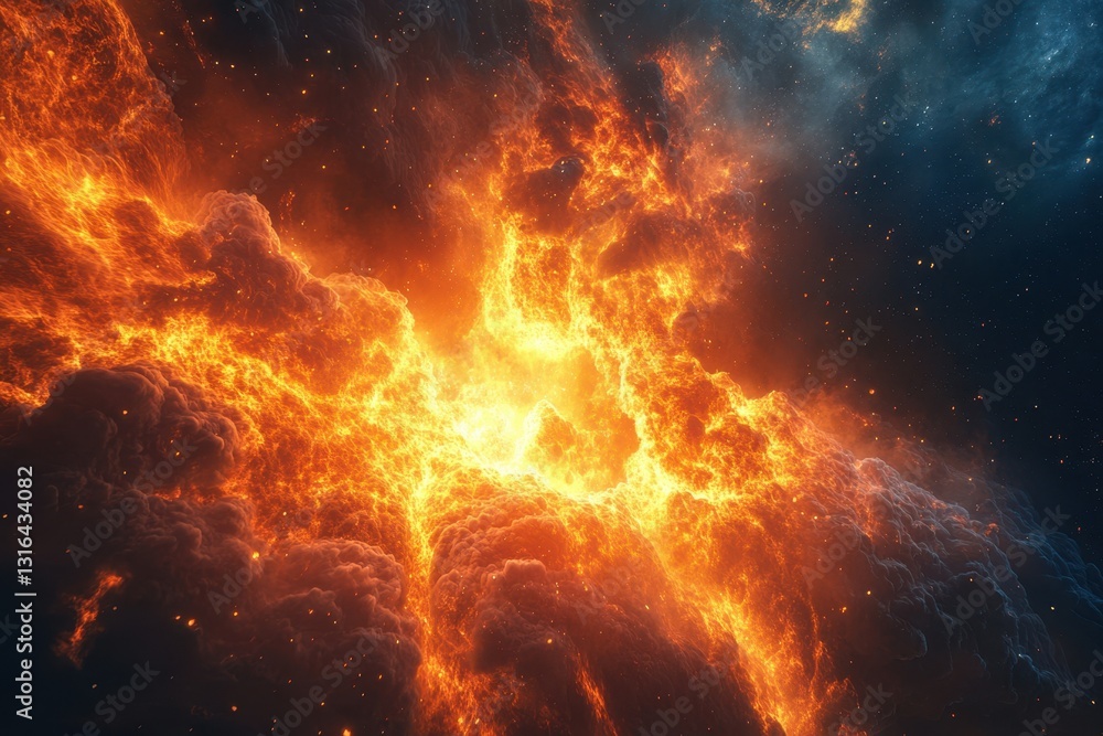 Poster explosive cosmic event illuminating a nebula in deep space filled with fiery colors