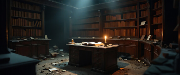 Abandoned Library with Dusty Books and Candlelight