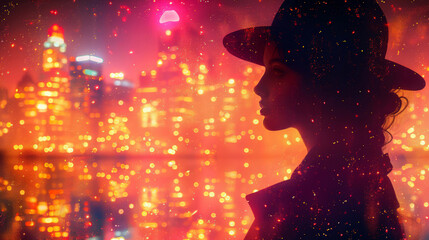 Silhouette of lonely young slender mysterious woman of model appearance in raincoat and a wide-brimmed hat against background of night metropolis with bright lights. Profile view. Copy space for text