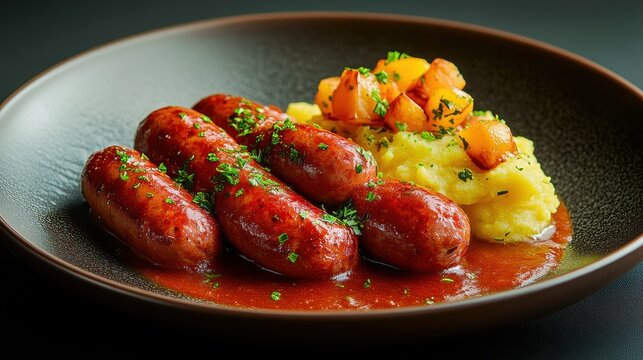 A meticulously rendered photograph of a vibrant plate, adorned with a rich, red currywurst, accompanied by a mound of tangy chucrut and fluffy potato mush, a culinary masterpiece ready to delight.