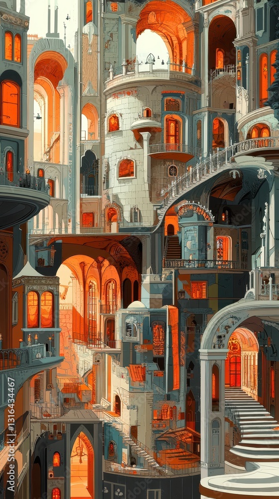 Poster an architectural fantasy illustrating a complex multi tiered building structure