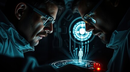 Two scientists examine a holographic human figure in a dimly lit lab filled with high tech equipment focused on innovative research in the evening