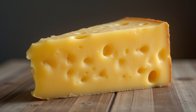  Wedge of Swiss cheese with a rindled edge and holes on a wooden board ideal for cheese and gourmet themes