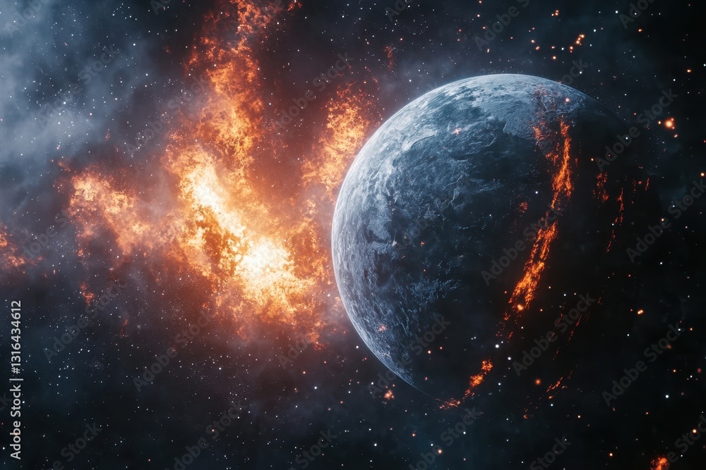 Poster planet in turmoil with fiery explosion in the distant cosmos during a cataclysmic event