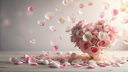 Obraz premium Romantic arrangement of pink roses with falling petals and soft light