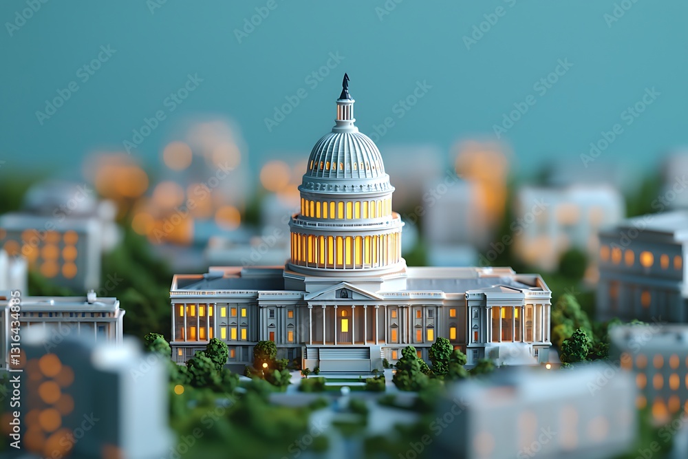 Poster a detailed miniature model of a prominent building with a dome, surrounded by smaller structures and