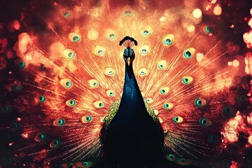 Silhouette of a majestic peacock with vibrant watercolor background at sunset