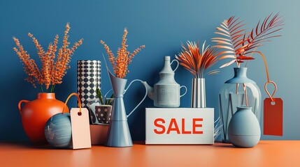 A set of home decor items with "SALE" tags, neatly arranged on a solid background.