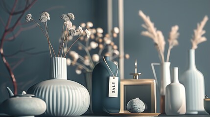 A set of home decor items with "SALE" tags, neatly arranged on a solid background.