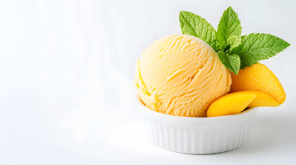 A scoop of mango sorbet placed in a small white bowl, topped with mint leaves and a few mango slices