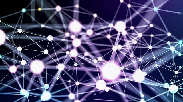 Abstract network of glowing nodes and lines, viewed from a high-angle perspective, resembling a futuristic digital video interface.