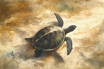 Obraz premium Underwater turtle gliding gracefully over sandy ocean floor in tranquil watercolor illustration artwork