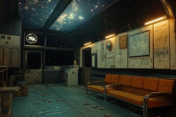 Abandoned space station interior with cosmic view and vintage furniture