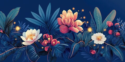 Colorful Flowers And Leaves Decorated On A Deep Blue Background