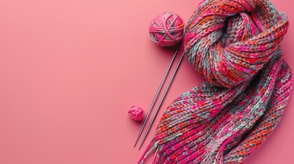 A set of knitting needles, yarn, and a partially completed scarf on a solid background.