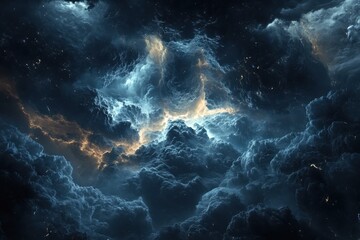 Dramatic clouds illuminated by celestial light during twilight at night sky