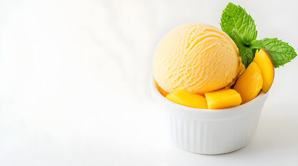 A scoop of mango sorbet placed in a small white bowl, topped with mint leaves and a few mango slices