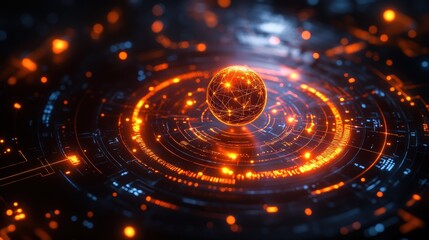 Futuristic glowing orb on a technological interface; abstract digital network concept.