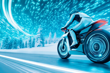 A man riding a motorcycle on a snowy road