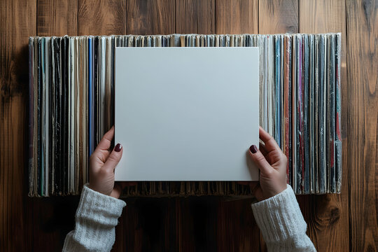 Naklejki Close-up of woman's hands holding blank white vinyl record album cover