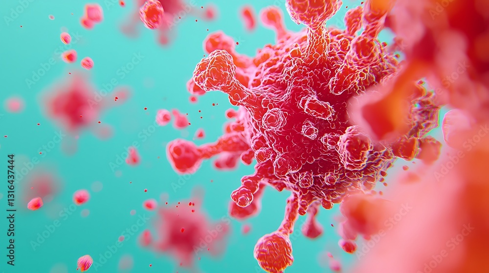 Poster a close-up view of a virus, showcasing its intricate structure with pink and red elements against a 