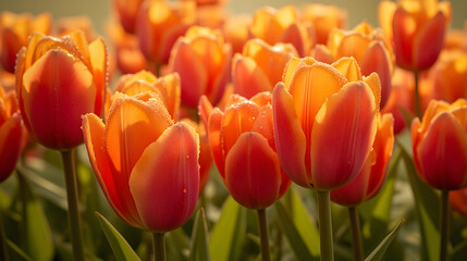 Close-Up of Fresh Tulips with Dewdrops Glowing in Soft Golden Morning Sunlight - Festival Tulip, Srinagar