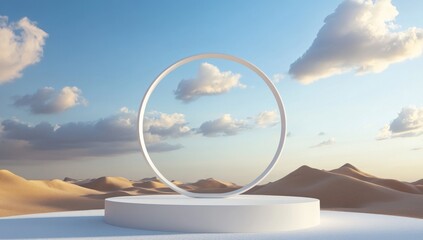 Minimalist desert scene with white platform and circular frame.